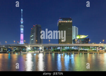 TOKYO - APRIL 12: View of Tokyo Sky Tree (634m) at night, the highest free-standing structure in Japan Stock Photo