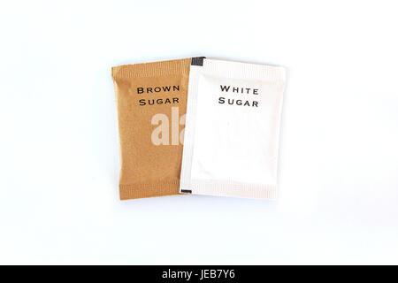 white and brown sugar bag on white background, Top view with copy space and text Stock Photo