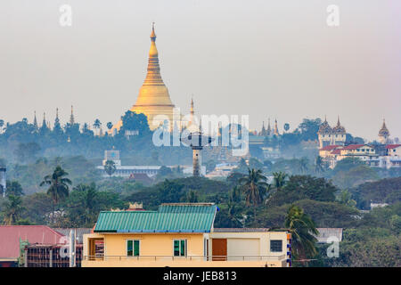 Yangon, Myanmar city skyline with Shwedagon Pagoda. Stock Photo