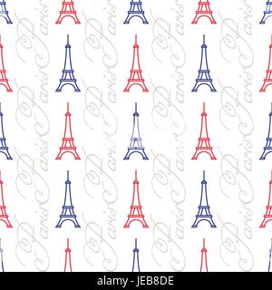 Tileable vector background in the colors of the national flag of France. The Eiffel Tower seamless pattern, red and blue, with word Paris. Suitable fo Stock Vector