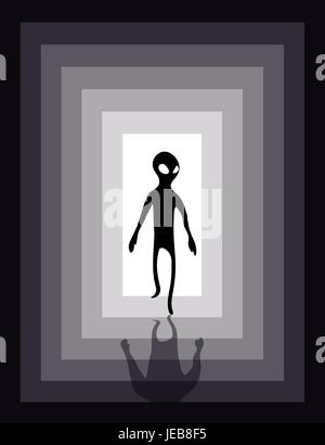 Alien humanoid and a light in the end of a tunnel. Vector illustration, image of extraterrestrial intelligence. Suitable for t-shirt print or web arti Stock Vector