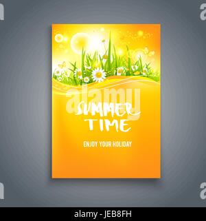 Bright summer time blank. Bright summer card with flowers. Nature template for design banner,ticket, leaflet, card, poster and so on. Stock Vector