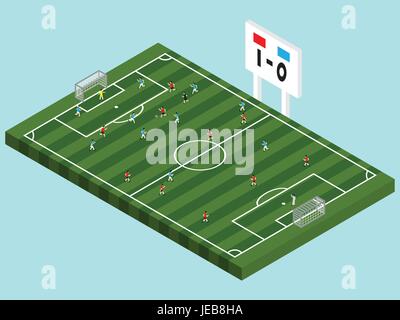 Isometric Soccer Competition On Green Field With Red &  Blue Players, Referee ,And Goalkeepers Including Score Board Stock Vector