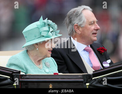 Queen Elizabeth II and Captain David Bowes-Lyon arriving for day four of Royal Ascot at Ascot Racecourse. Stock Photo