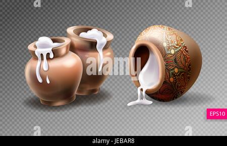 three realistic clay pots with sour cream Stock Vector
