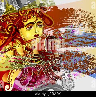 painting of beautiful man with long hair playing the flute Stock Vector