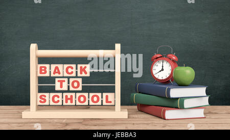 front view of a vintage alarm clock, an abacus with text: back to school and a stack of books, chalkboard on background with empty space (3d render) Stock Photo