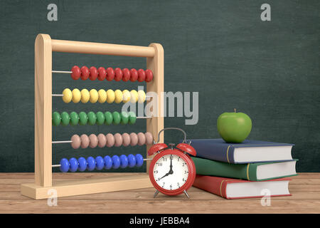 front view of a vintage alarm clock, an abacus with text: back to school and a stack of books, chalkboard on background with empty space (3d render) Stock Photo