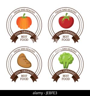 colorful logos set of fresh and healthy organic food with pumpkin apple potato and broccoli Stock Vector