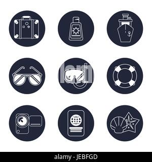 monochrome icons set of beach vacation in round frames Stock Vector