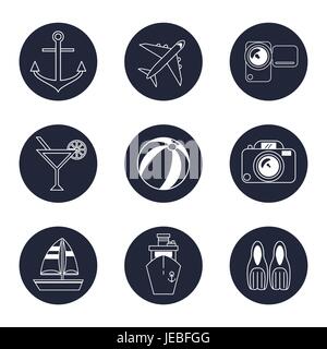 monochrome icons travel set in round frames Stock Vector