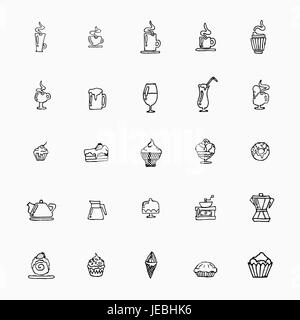 set of hand-drawn icons on food, cups of coffee, alcohol, desserts, ice cream and kitchen appliances. Vector illustration Stock Vector