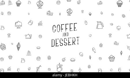 White background with drawings by hand of food, drinks and desserts. Web banner or site header template Stock Vector