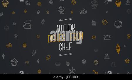 Template of a site header with white and orange icons for food and drinks, for author's dishes from the chef. Banner design with black background Stock Vector