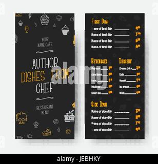 template for the front and back of the narrow menu for a restaurant or cafe. Black design with orange and white drawings by hand, headline and prices  Stock Vector