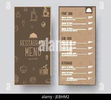 Design of a narrow menu for a restaurant or a cafe. Template in retro style with drawings by hand, heading and prices for dishes. Vector illustration Stock Vector