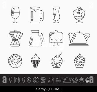set of black and white linear icons on the theme of food, drinks and kitchen devices. Stock Vector