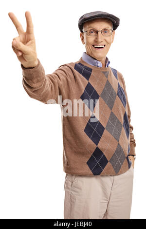 Joyful senior making a victory sign isolated on white background Stock Photo