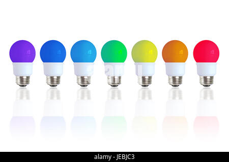 Rainbow colors represented by seven colored lightbulbs in a row on a reflective surface. Empty copy space for Editor's text. Stock Photo
