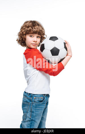 Little boy with soccer ball isolated, children sport concept Stock Photo