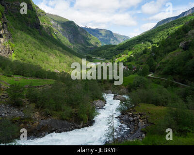 Panoramic view Flam River viewed from Flamsbana near Dalsbotn Aurland in Sogn og Fjordane county Norway Stock Photo