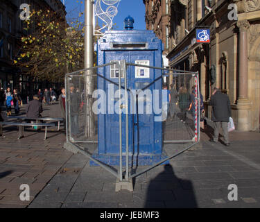 Dr Who Tardis in prison  safety cages around former police box  site for The Ivy Glasgow World-famous celeb hangout  opening 2017 planned Stock Photo