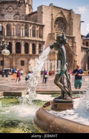 Figure from Turia Fountain on Plaza de la Virgen, Valencia, Spain Stock Photo