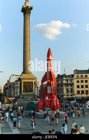 International Rescue's space rocket 'Thunderbird 3, weighing in at 7.5 tons and standing 60ft tall, stands next to Nelson's Column in Trafalgar Square Stock Photo