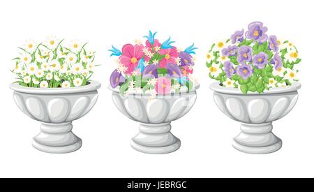 Flower in ceramic grey flowerpots for cultivation of plants. Clay pot in an isometry, isolated on a white background. Web site page and mobile app des Stock Vector