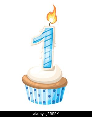 Happy First Birthday boy card with cupcake and candle in flat design style, vector illustration Stock Vector