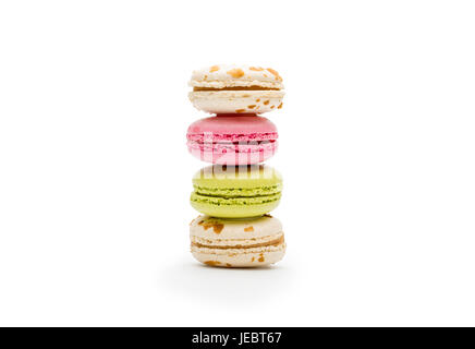 front view of sweet various macaroons isolated on white Stock Photo