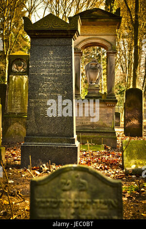 Germany, Hamburg, village Ohls, cemetery, tombs, in 1883, burial ground, recollection, cemetery, memory, way, memory cemetery, faith, tomb, nobody, main cemetery, hope, Jewish, nature, park, park, park cemetery, religion, rest, death, offence, transitoriness, old, quietly, droll, unusually, Hamburg-Ohlsdorf, Stock Photo