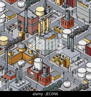Isometric cartoon of a dense zone of heavy industry with factories, refineries, smokestacks and fuel tanks. Stock Vector