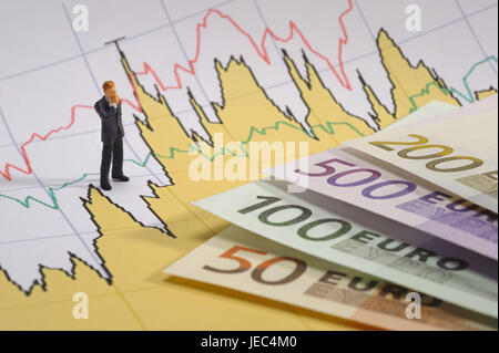 Euro banknotes, character, chart, euronotes, banknotes, money, business, stock, exchange rate, chart, share price, stock exchange, currency, stockholder, man, businessman, speculator, euro, money, banknotes, euronotes, subscription, exchange rate, finances, bank, market price, fluctuation, speculate, trade, stock trade, capital, legal estate, investment, trend, economy, money economy, bond, profit, loss, Stock Photo