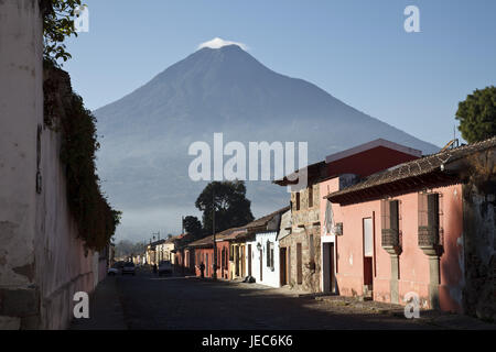 Guatemala, Antigua Guatemala, street, houses, volcano Agua, Stock Photo