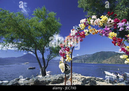 Guatemala, Lago De Atitlan, Panajachel, landing stage, boats, flower bows, Central America, Latin America, highland region, Atitlansee, lake, tourism, excursion boats, bows, flowers, decorated, artificially, deserted, view, volcano, Stock Photo