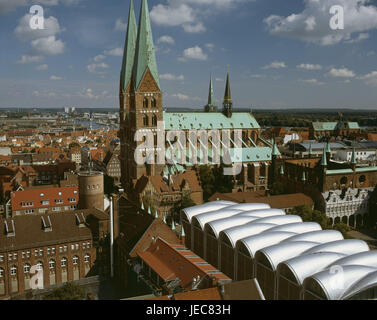 Germany, Schleswig - Holstein, Lübeck, Old Town, town view, Marien's church, department store Peek & Cloppenburg, North Germany, Hanseatic town, Old Town island, town, town overview, structures, architecture, historically, brick building, brick, sacred construction, church, brick Gothic, roof, roof structure, building, modern, contrast, place of interest, UNESCO-world cultural heritage, Stock Photo