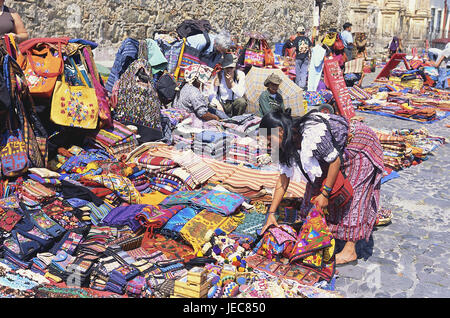 Guatemala, Antigua Guatemala, souvenir shop assistants, sales, no model release, Central America, Latin America, destination, tourism, person, women, clothes, Traditionally, sales, souvenirs, shop assistants, trade, market, offer, goods, textiles, brightly, outside, Stock Photo