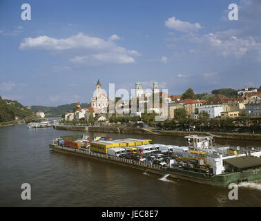 Germany, Bavaria, Passau, town view, Old Town, the Danube, freighter, Lower Bavaria, 3 rivers town, townscape, river, houses, residential houses, churches, structures, architecture, place of interest, riverboat journey, ships, destination, tourism, Stock Photo