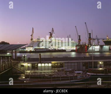 Germany, Hamburg, harbour, shipyard Blohm and Voss, passenger liner, evening, Hanseatic town, landing stages, dock, ship, cruise ship, shipbuilding, shipyard attachment, Stock Photo
