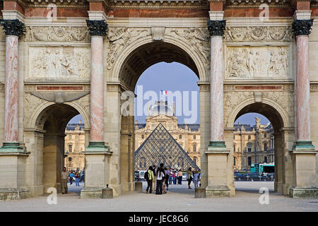 France, Paris, Musee you Louvre, glass pyramid, capital, goal construction, gate, museum, Louvre museum, pyramid, glass, steel, palace, structure, architecture, art museum, place of interest, destination, tourism, person, Stock Photo