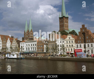 Germany, Schleswig - Holstein, Lübeck, Old Town, Marien's church, Peter's church, Obertrave, bank promenade, cloudy sky, North Germany, Hanseatic town, Old Town island, town, town view, structures, steeples, towers, historically, Marien's church, Peter's church, architecture, sacred setting, church, churches, promenade, place of interest, waters, UNESCO-world cultural heritage, Stock Photo