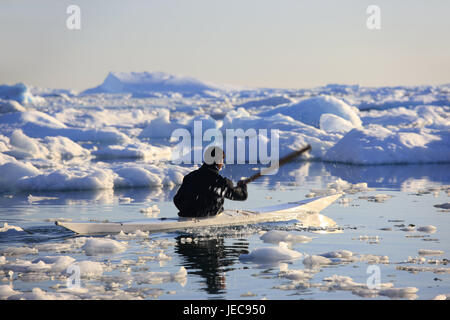 Greenland, Disco Bay, Ilulissat, Inuit, kayak, floes, back view, no model release, Western Greenland, person, local, kayakist, native, snow, ice, sea, fjord, cold, icily, boat, paddle, paddle, locomotion, loneliness, only, Stock Photo