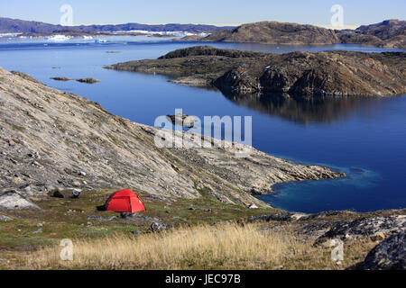 Greenland, Upernavik, bile coast, tent, view, bay, North-Western Greenland, coast, rock, nature, deserted, scenery, coastal scenery, vacation, travel, adventure, bivouac, camp, camping, red, mountains, Stock Photo