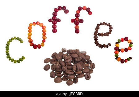 Roasted coffee beans under the word coffee Stock Photo