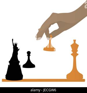 The concept of a political game. USA on the world oren, player's hand from above. Queen is a freedom. Stock Vector