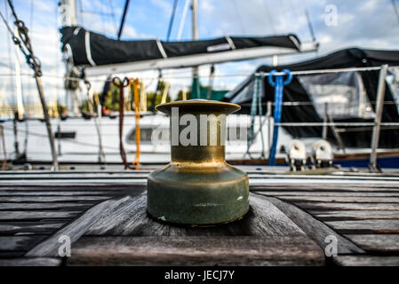 Old capstan on a sailing boat in marine. Szczecin Stock Photo
