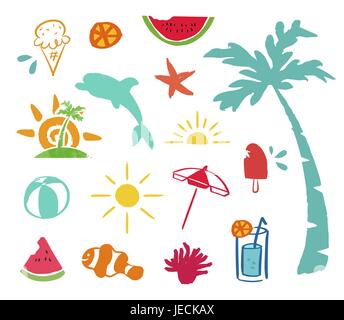 Summer doodle icon set, hand drawn decoration elements for summertime season. Includes party drink, sea animals and beach umbrella. EPS10 vector. Stock Vector