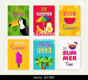 Summer template set, summertime vacation quotes with fun season illustrations. Ideal for greeting card, party invitation, flyer or poster. EPS10 vecto Stock Vector