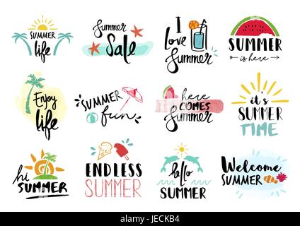 Summer quote set, calligraphic text design collection with hand drawn decoration. Includes watercolor illustration, sale sign, beach and travel labels Stock Vector